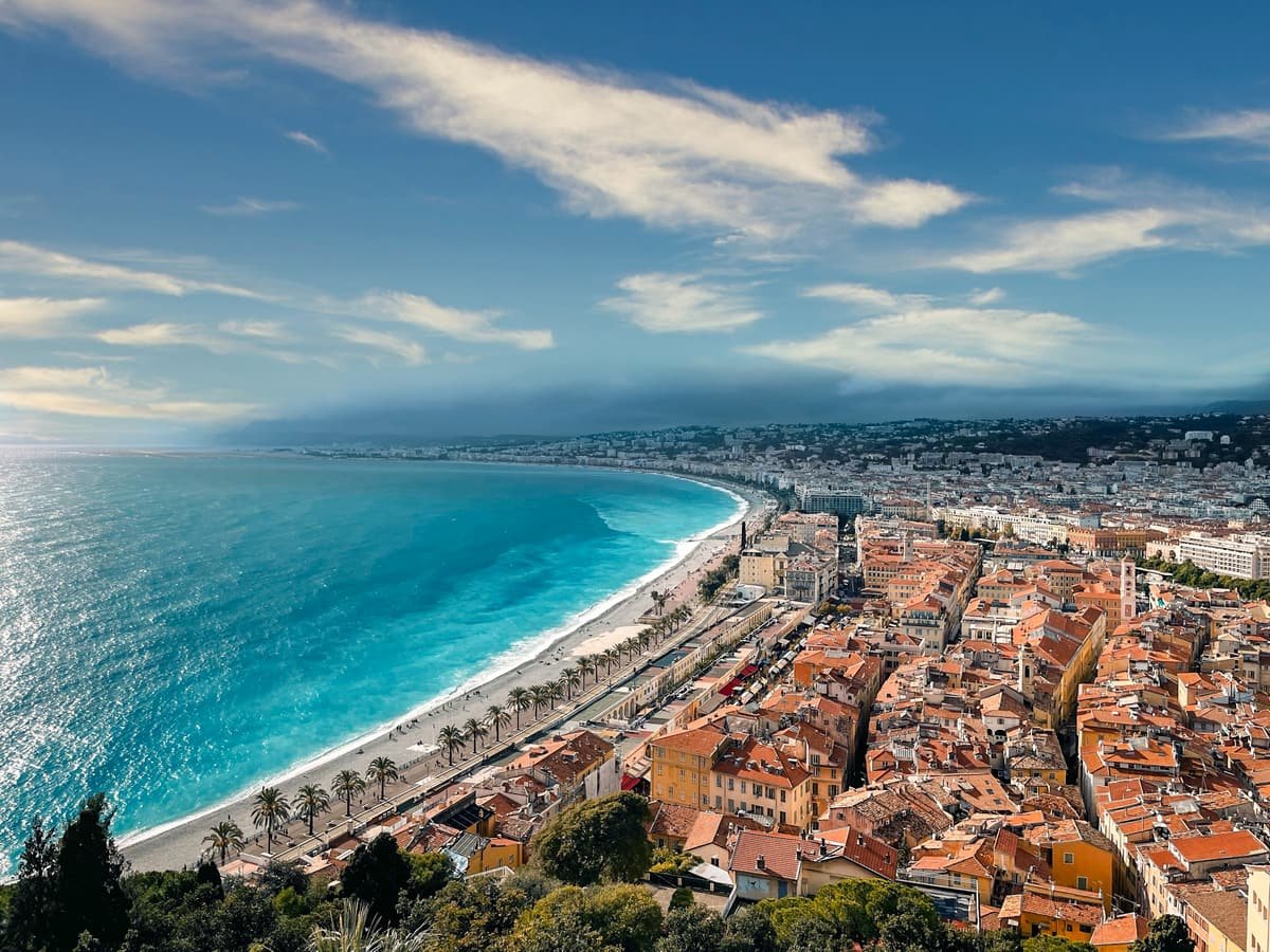 Aerial view of the Baie des Anges and the Promenade des Anglais in Nice